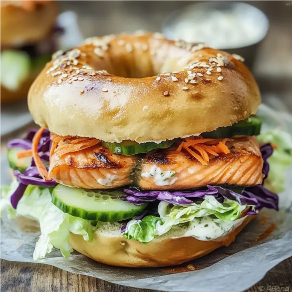 Fresh Salmon Gardener Bagel Fresh salmon bagel with colorful vegetables and herb yogurt spread