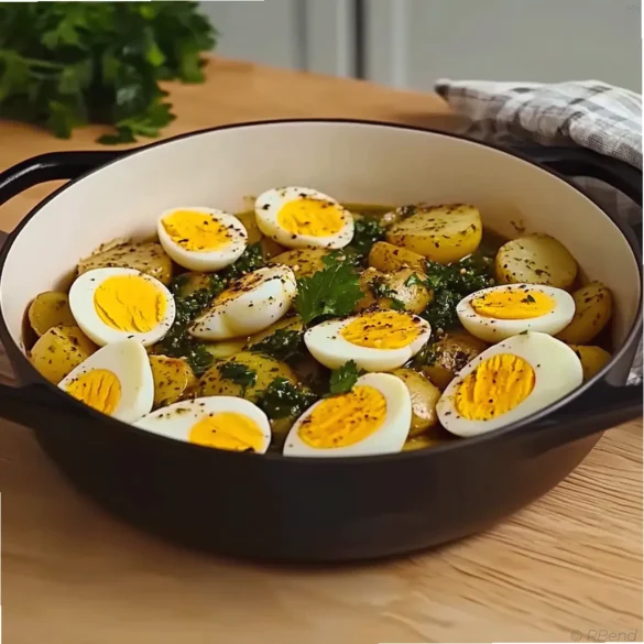 Green Sauce Potatoes Green sauce potatoes with boiled eggs served in a white bowl
