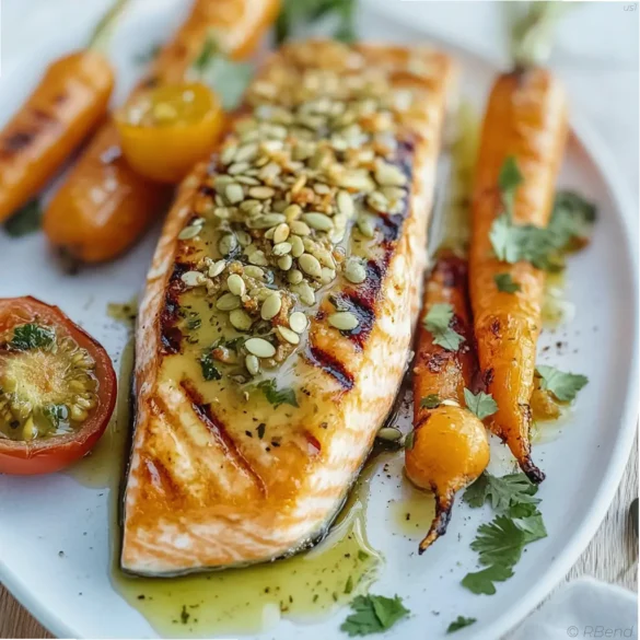 Honey Mustard Grilled Salmon Honey mustard grilled salmon fillet with roasted carrots and tomato crumble on a white plate