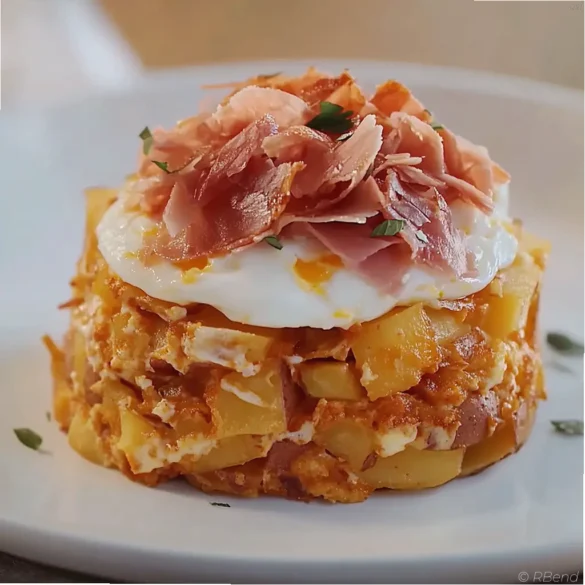 Huevos Rotos with Turkey Ham Huevos rotos served with crispy potatoes, runny eggs, and turkey ham slices on a white plate