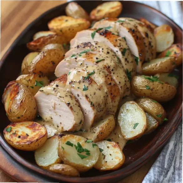 Oven-Roasted Turkey Tenderloin Oven-roasted turkey tenderloin with roasted potatoes and onions, topped with creamy mustard sauce