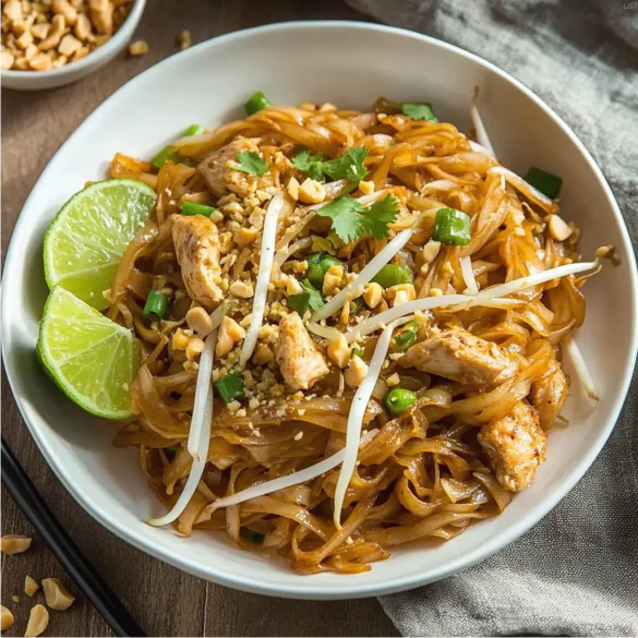 Pad Thai with Chicken Pad Thai with chicken, rice noodles, bean sprouts, crushed peanuts, and lime wedges on a white plate