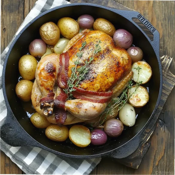 Roasted Chicken with Potatoes Roasted chicken wrapped in bacon with new potatoes and onions in a cast iron casserole