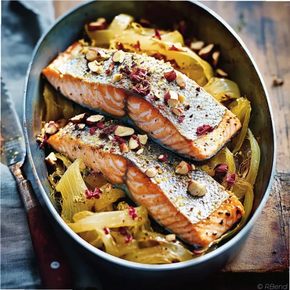 Roasted Salmon Fillets with Fennel Roasted salmon fillets with fennel and toasted hazelnuts in a baking dish