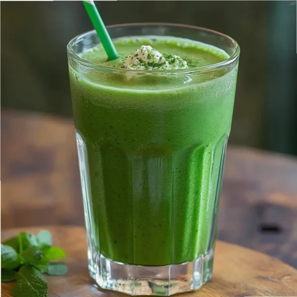 Saint Patrick’s Milkshake Saint Patrick's milkshake in a glass with mint leaves and basil, served with a festive green straw