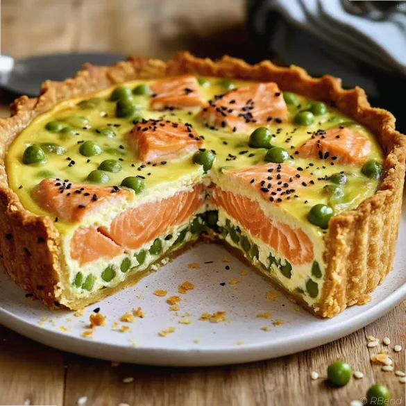 Salmon and Green Pea Quiche with Golden Crust Salmon and green pea quiche with golden crust on a rustic plate, showing a slice with visible salmon chunks and fresh peas