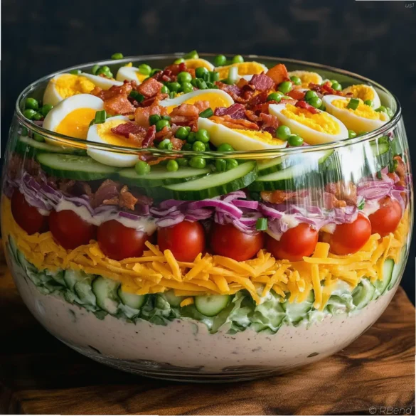 Seven Layer Salad Seven layer salad in a clear glass bowl showing colorful layers of lettuce, tomatoes, cucumbers, peas, eggs, cheese, bacon, and avocado