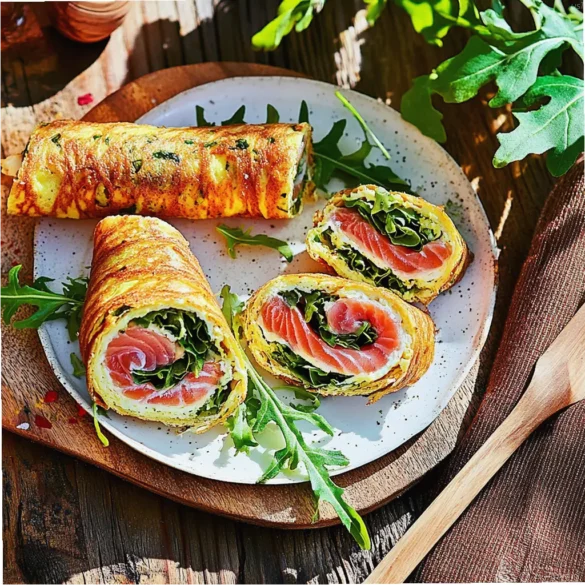 Smoked Salmon Rolled Omelette Rolled omelette filled with smoked salmon, cream cheese, and arugula on a white plate