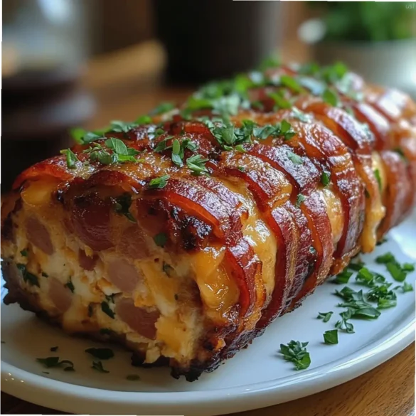 Chicken Meatloaf with Cheddar and Smoked Bacon Sliced chicken meatloaf wrapped in crispy smoked bacon with melted cheddar inside