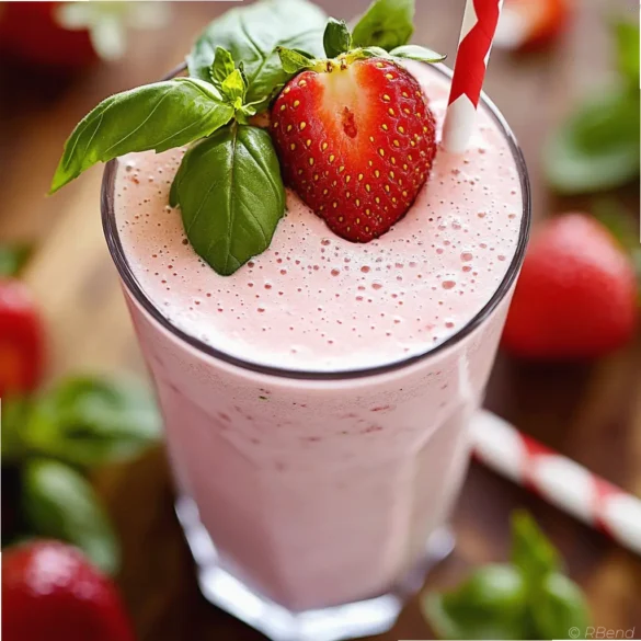Strawberry Basil Milkshake Strawberry basil milkshake in a glass with fresh strawberries and basil leaves garnish