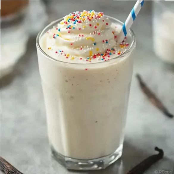 Vanilla Milkshake Vanilla milkshake served in a glass with a vanilla bean, fresh and creamy