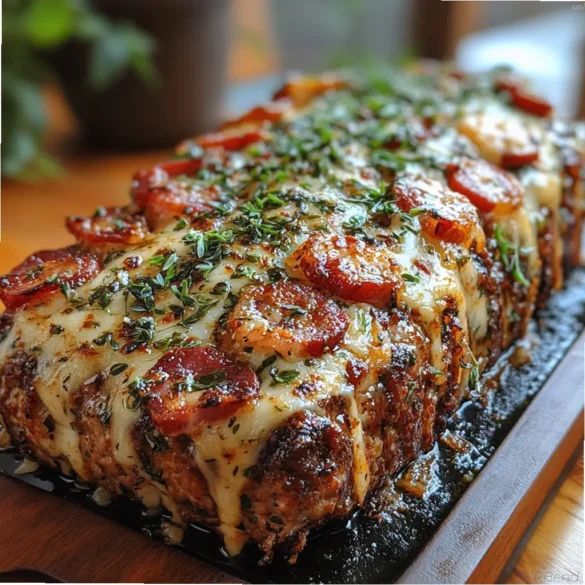 Veal Meatloaf with Mozzarella and Caramelized Bacon Sliced veal meatloaf wrapped in caramelized crispy bacon with melted mozzarella inside