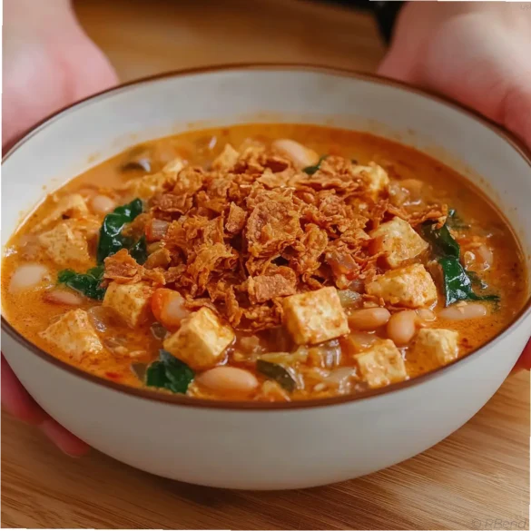 White Bean Stew with Tofu White bean stew with crispy tofu cubes and fresh vegetables served in a rustic bowl