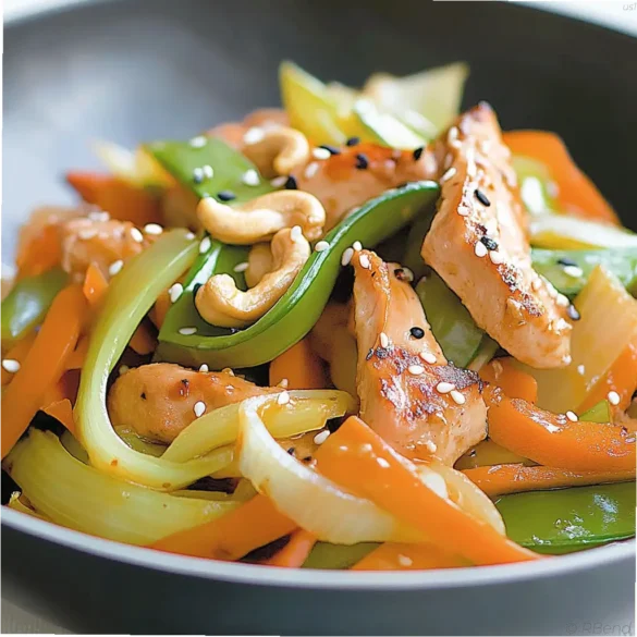 Winter Vegetable Stir-Fry with Grilled Chicken Winter vegetable stir-fry with grilled chicken, carrots, leeks, and cashew nuts in a wok