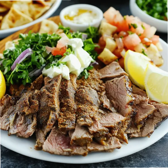 Yotam Ottolenghi Lamb Shawarma Slow-roasted lamb leg seasoned with Middle Eastern spices served sliced on a rustic wooden board with fresh herbs