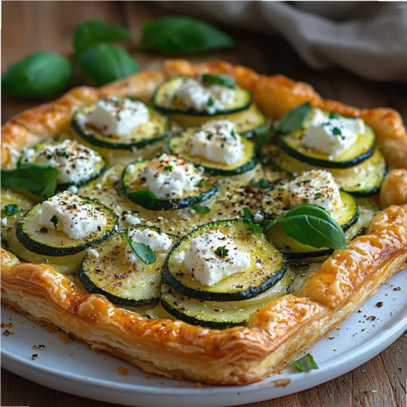 Zucchini Feta Tart Zucchini feta tart with golden puff pastry and fresh basil garnish on white plate