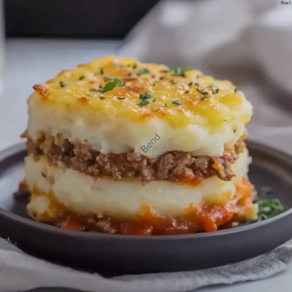 Baked Meat and Potato Casserole Meat and potato casserole with ground beef, mashed potatoes, and melted cheese