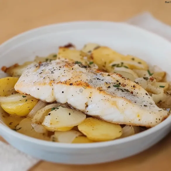Mediterranean Baked Sea Bass with Potatoes Baked sea bass fillets on a bed of potatoes and onions with white wine