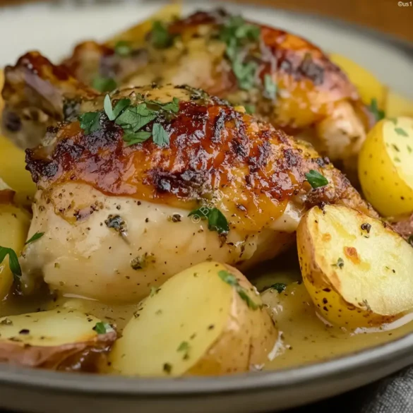 Roasted Chicken Leg Quarters with Citrus and Apple Roasted chicken leg quarters on a bed of potatoes and apples with herb sauce