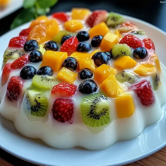 Cream Cheese Fruit Gelatin Molded cream cheese fruit gelatin decorated with fresh strawberries and kiwi
