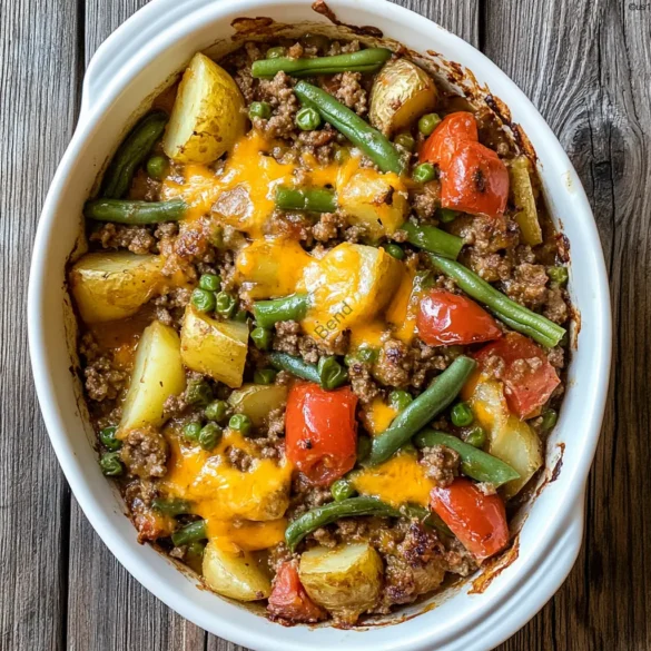 Hobo Casserole with Ground Beef Hobo casserole with ground beef, potatoes, and melted cheese in a white baking dish