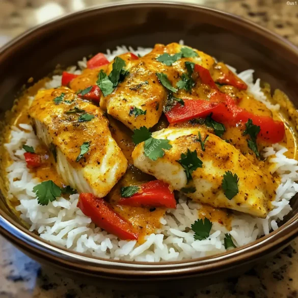 Coconut Turmeric Fish Curry Coconut turmeric fish curry served with rice and garnished with cilantro