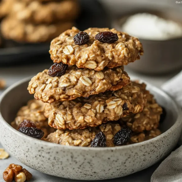 Sugar-Free Oatmeal Walnut Raisin Cookies Sugar-free oatmeal cookies with walnuts and raisins on parchment paper