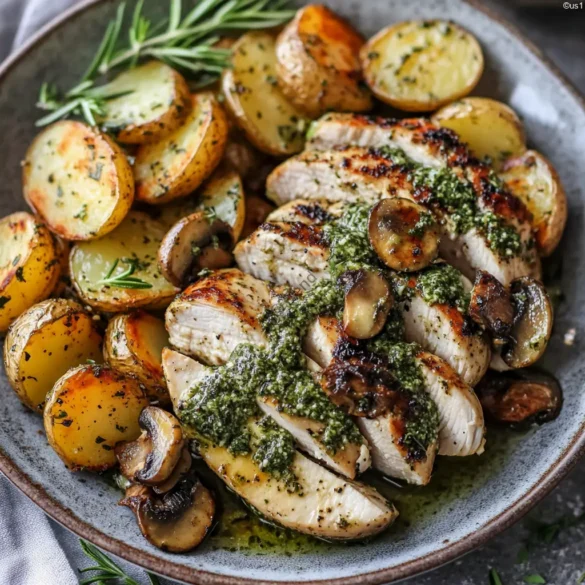 Greek Garlic Chicken with Roasted Potatoes Greek garlic chicken with roasted potatoes and creamy mushroom pesto