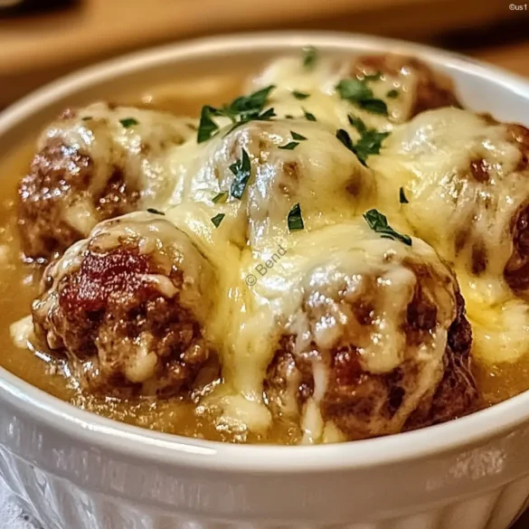Crock Pot French Onion Meatballs Crock pot French onion meatballs with melted cheese on top in a ceramic bowl