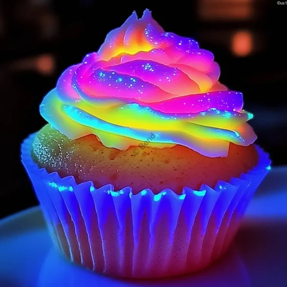 Glow-in-the-Dark Cupcakes Glow-in-the-dark cupcakes under black light with blue glow and vanilla frosting