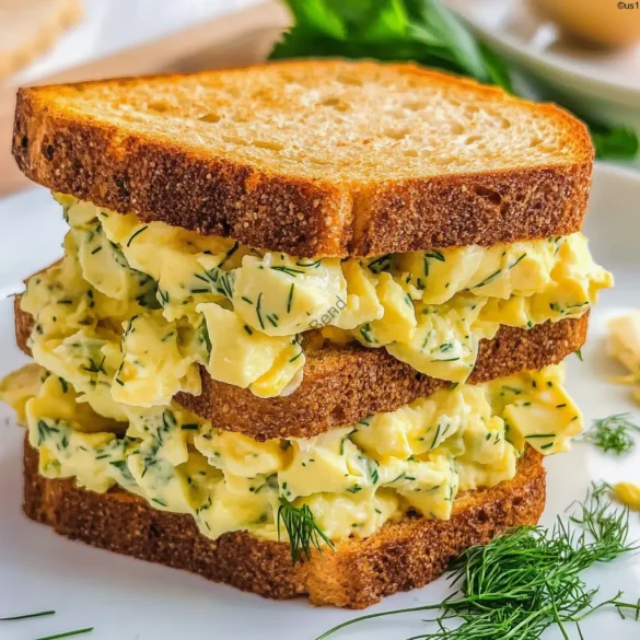 Egg Salad Sandwich Creamy egg salad sandwich with dill and chives on toasted bread