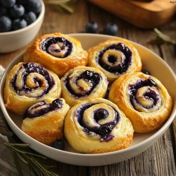Blueberry Cheesecake Swirl Rolls Blueberry cheesecake swirl rolls with cream cheese filling on a white plate