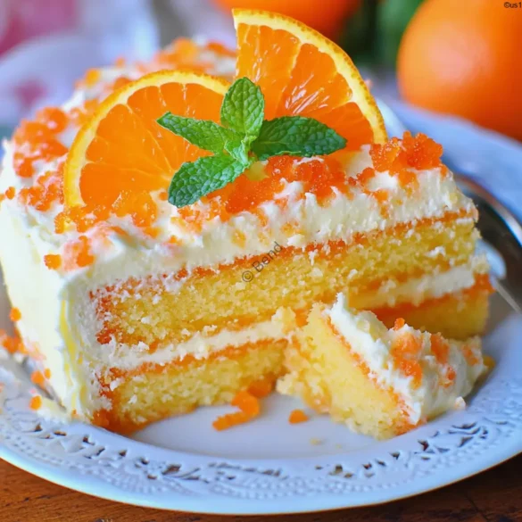 Orange Creamsicle Cake Slice of orange creamsicle cake with fluffy orange frosting and mint