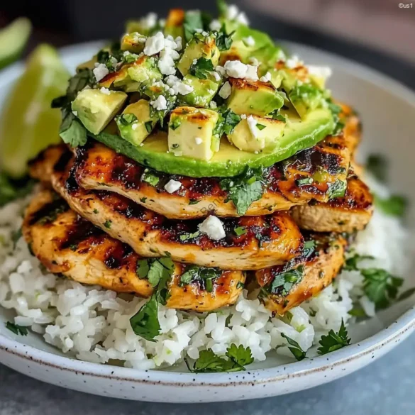 Honey Lime Chicken & Avocado Rice Stack Honey lime chicken rice stack layered with avocado, cilantro, and lime