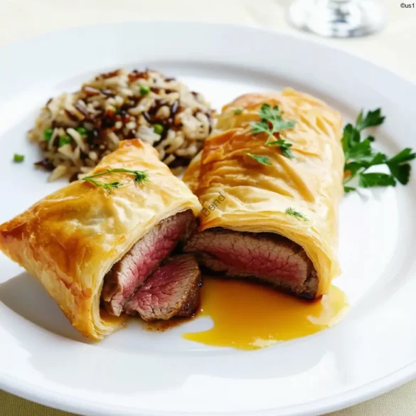 Beef-Stuffed Bricks Crispy brick pastry stuffed with seared beef served on a white plate
