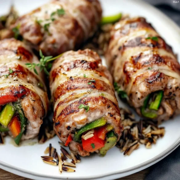 Stuffed Veal Rolls Veal cutlets rolled around sautéed vegetables, pan-seared and served with wild rice
