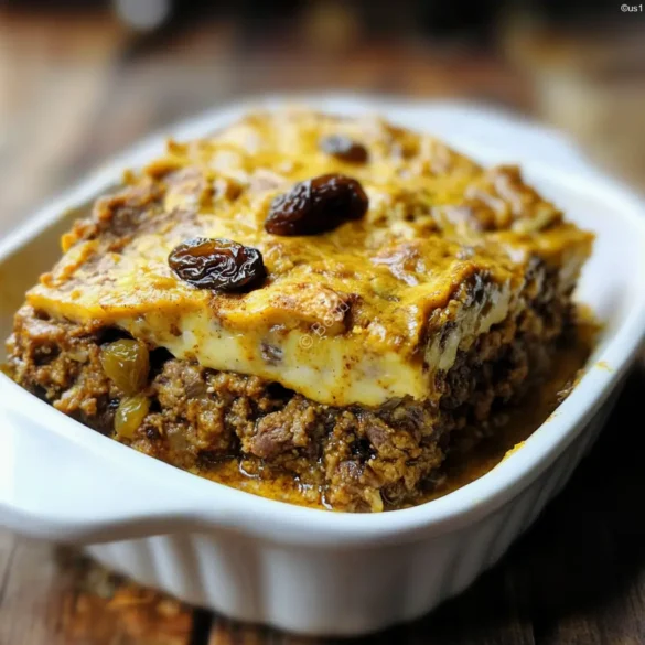 Beef Bobotie Recipe South African bobotie with ground beef, raisins, and golden egg topping served in a white dish
