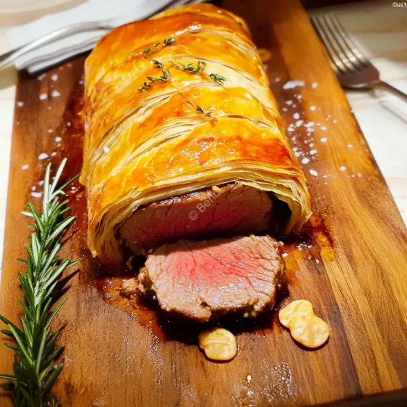 Beef Wellington Beef Wellington wrapped in golden puff pastry served on a wooden board