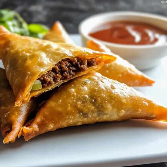 Crispy Beef Samosas Beef samosas with crispy golden pastry on a white plate