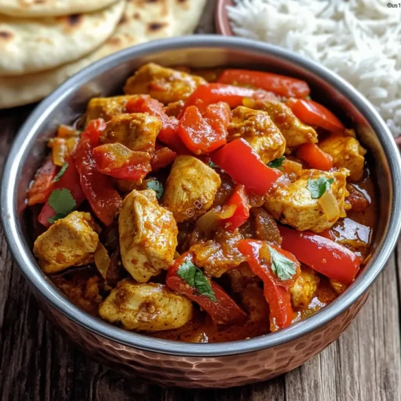 Indian Chicken Jalfrezi Recipe Indian chicken jalfrezi with red peppers, onions, and rich tomato sauce