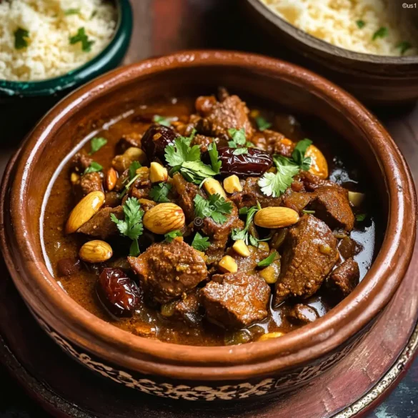 Moroccan Lamb Tagine with Dates and Almonds Moroccan lamb tagine with dates and almonds served in a traditional dish