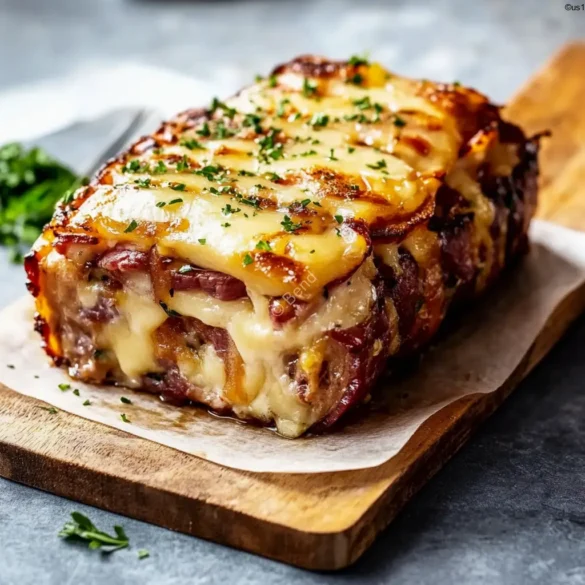 Bacon Wrapped Meatloaf with Cheese Bacon wrapped meatloaf with melted cheese slices and crispy crust