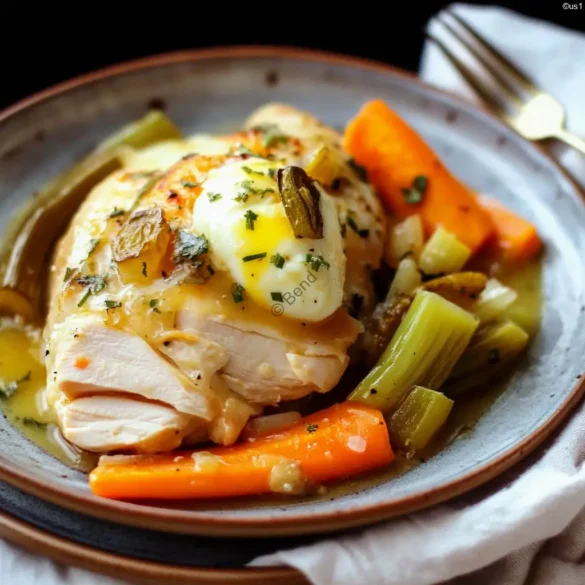 Chicken in Pot with Gribiche Sauce French poached chicken with vegetables and gribiche sauce on rustic plate