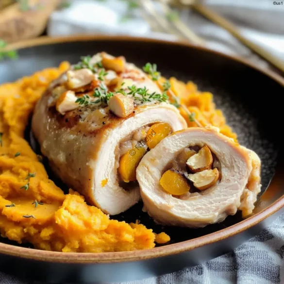 Chicken Roulade with Apricots and Chestnuts Chicken roulade with dried fruits sliced and served with sweet potato mash
