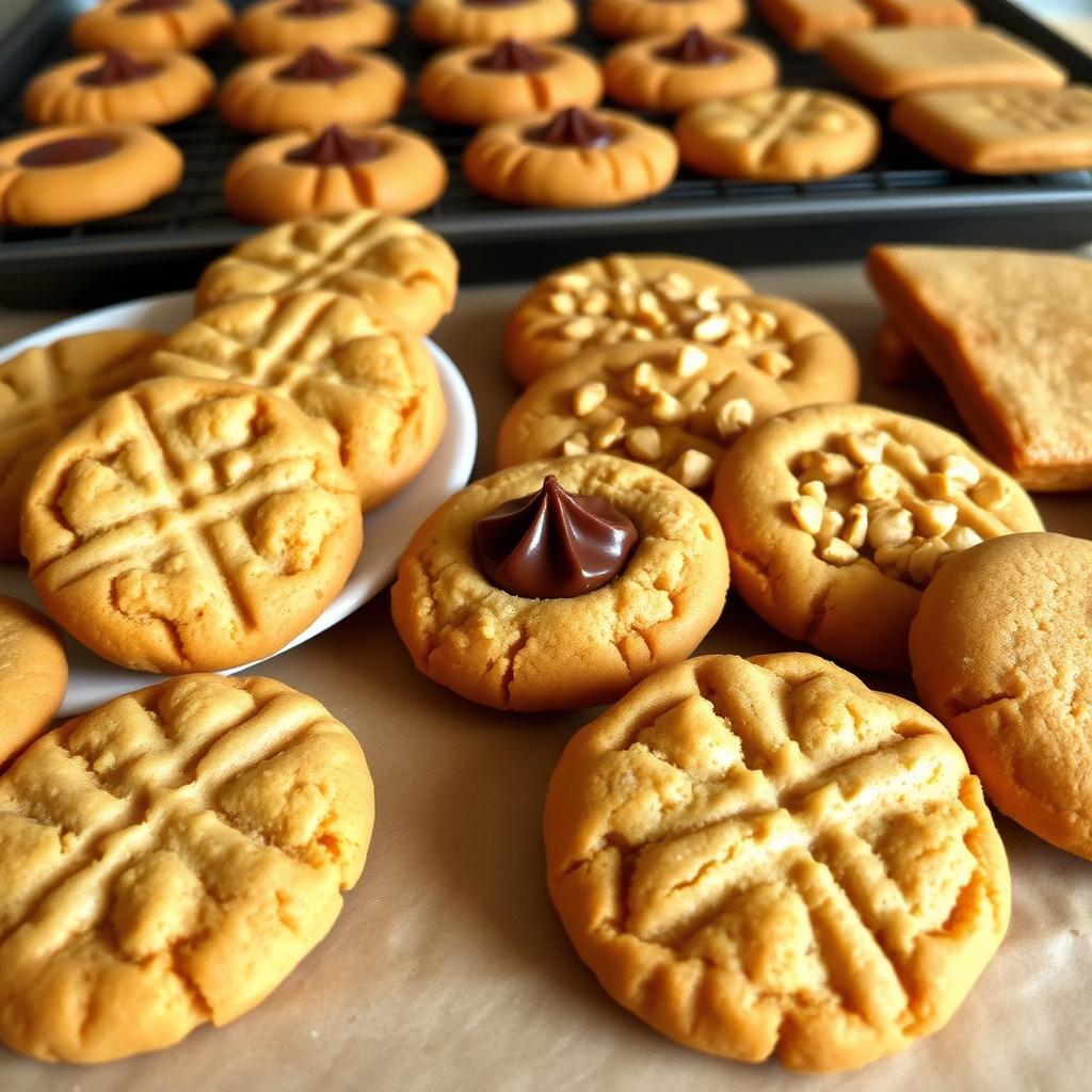 A bountiful assortment of delectable peanut butter cookies, each with its own unique twist. In the foreground, a classic peanut butter cookie with a criss-cross pattern, its golden-brown surface glistening under warm lighting. Beside it, a batch of peanut butter cookies with a dollop of rich chocolate filling, creating a decadent contrast. In the middle ground, a plate showcases peanut butter cookies studded with chopped peanuts, adding a delightful crunch. In the background, a tray displays a variety of peanut butter cookie shapes, from round to rectangular, demonstrating the endless possibilities for this beloved treat. The overall scene exudes a cozy, homemade ambiance, inviting the viewer to indulge in these tempting peanut butter cookie variations.