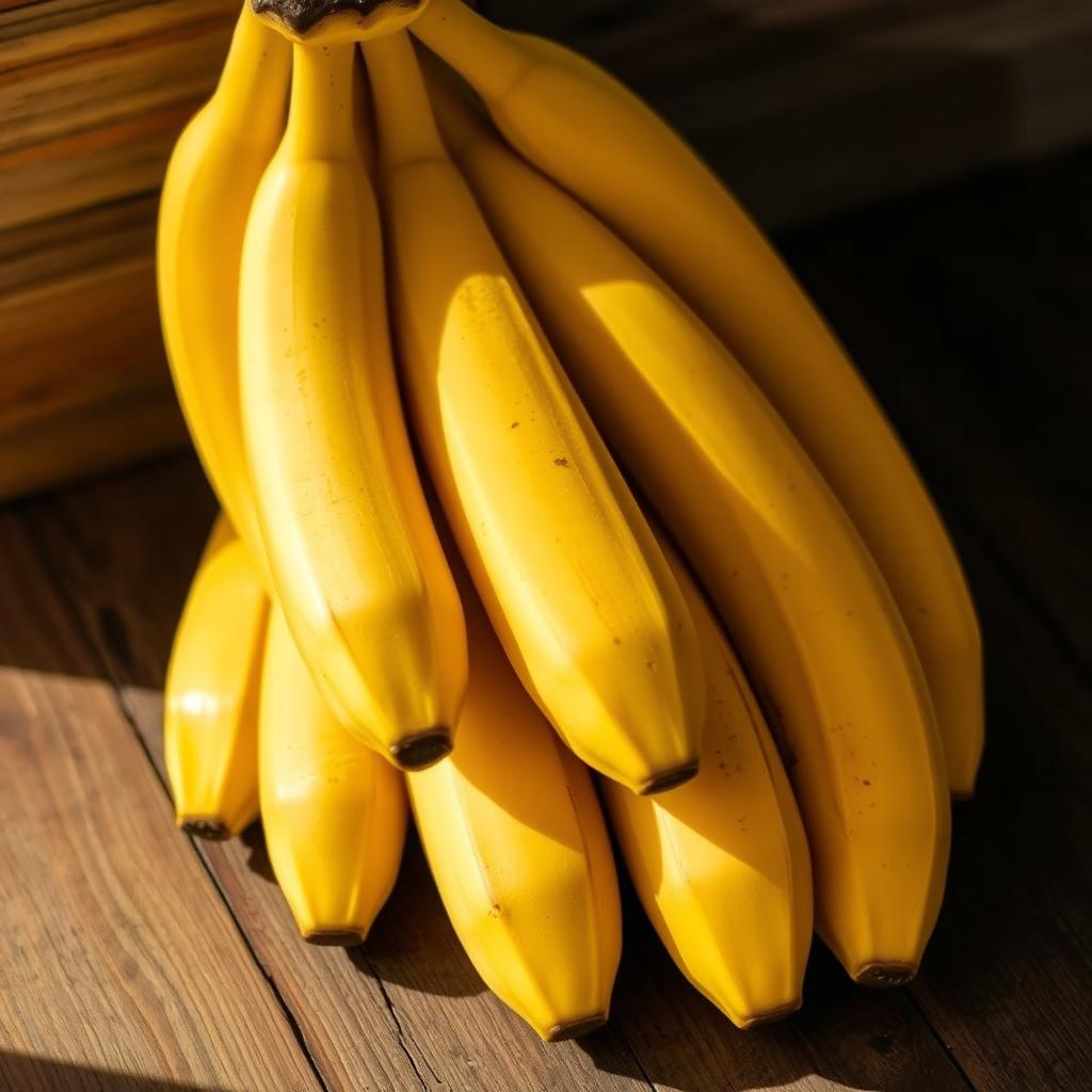 A bunch of ripe, golden-yellow bananas, their skins slightly speckled and soft to the touch, arranged neatly on a rustic wooden surface. The bananas are bathed in warm, natural lighting, casting gentle shadows that accentuate their curvaceous form. The background is slightly blurred, creating a sense of focus on the essential ingredients. The overall mood is one of freshness, simplicity, and the promise of delicious homemade banana bread. A bunch of ripe, golden-yellow bananas, their skins slightly speckled and soft to the touch, arranged neatly on a rustic wooden surface. The bananas are bathed in warm, natural lighting, casting gentle shadows that accentuate their curvaceous form. The background is slightly blurred, creating a sense of focus on the essential ingredients. The overall mood is one of freshness, simplicity, and the promise of delicious homemade banana bread.