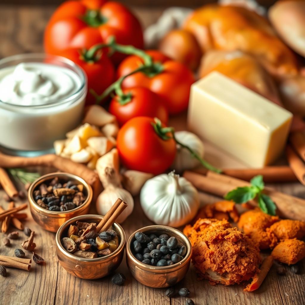A carefully arranged still life showcasing the essential ingredients for an authentic, fragrant Butter Chicken dish. In the foreground, an array of vibrant spices - cardamom, cloves, cinnamon sticks, and whole black peppercorns - nestled in small copper bowls. In the middle ground, thick, creamy yogurt, fresh ginger, and garlic cloves. In the background, plump, juicy tomatoes, a block of rich, golden butter, and tender chicken thighs. The lighting is warm and inviting, with a slight natural vignette, highlighting the rich colors and textures of the ingredients. The composition is balanced and visually appealing, drawing the viewer in to imagine the delicious, aromatic dish that can be crafted from these essential components. Butter chicken recipe sautéing base ingredients in a steaming pot with tomatoes, butter, and spices