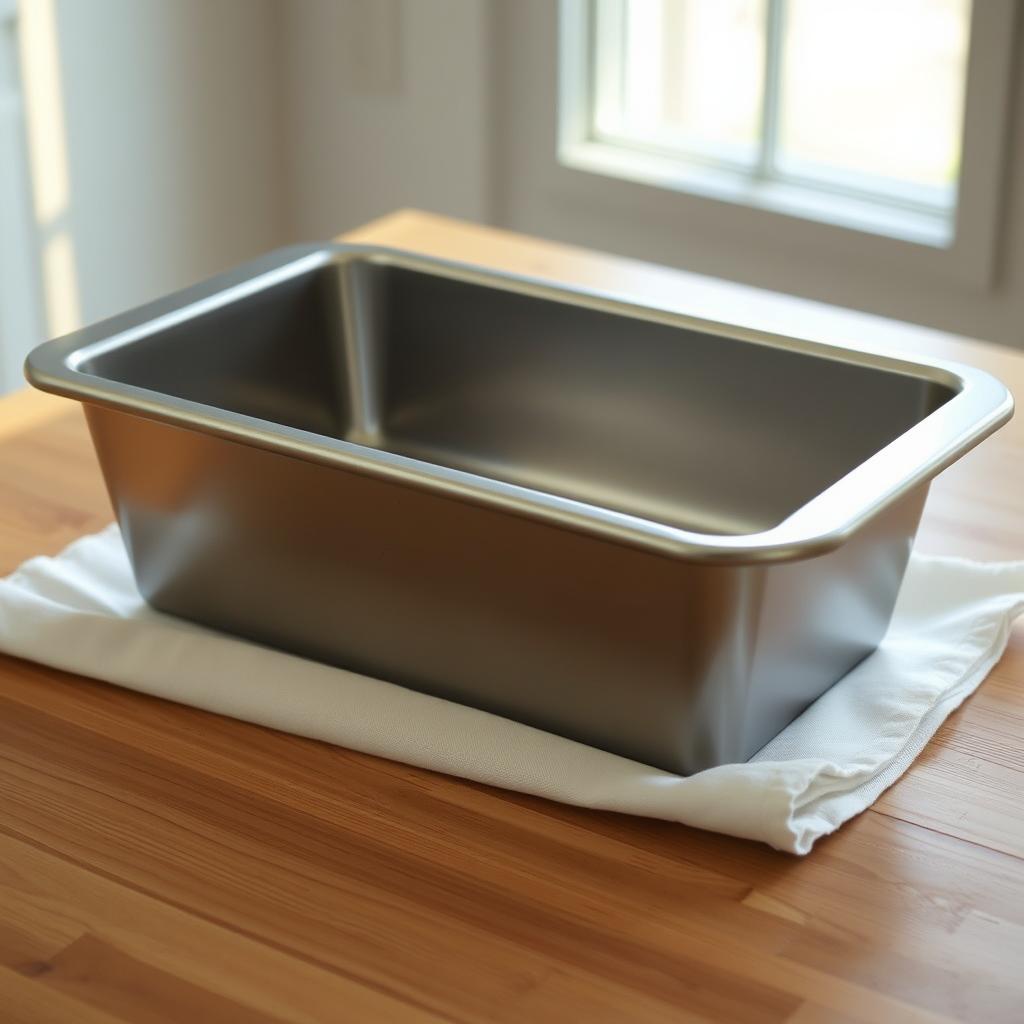 A clean, stainless steel loaf pan resting on a wooden kitchen counter, with natural light streaming in from a window. The pan has a sleek, rectangular shape with smooth, shiny sides. It sits atop a crisp, white linen cloth, creating a simple, minimalist still life. The lighting casts soft, even shadows, highlighting the texture of the metal and wood. The overall scene conveys a sense of order, functionality, and culinary preparedness, suitable for baking delicious homemade breads. A clean, stainless steel loaf pan resting on a wooden kitchen counter, with natural light streaming in from a window. The pan has a sleek, rectangular shape with smooth, shiny sides. It sits atop a crisp, white linen cloth, creating a simple, minimalist still life. The lighting casts soft, even shadows, highlighting the texture of the metal and wood. The overall scene conveys a sense of order, functionality, and culinary preparedness, suitable for baking delicious homemade breads.