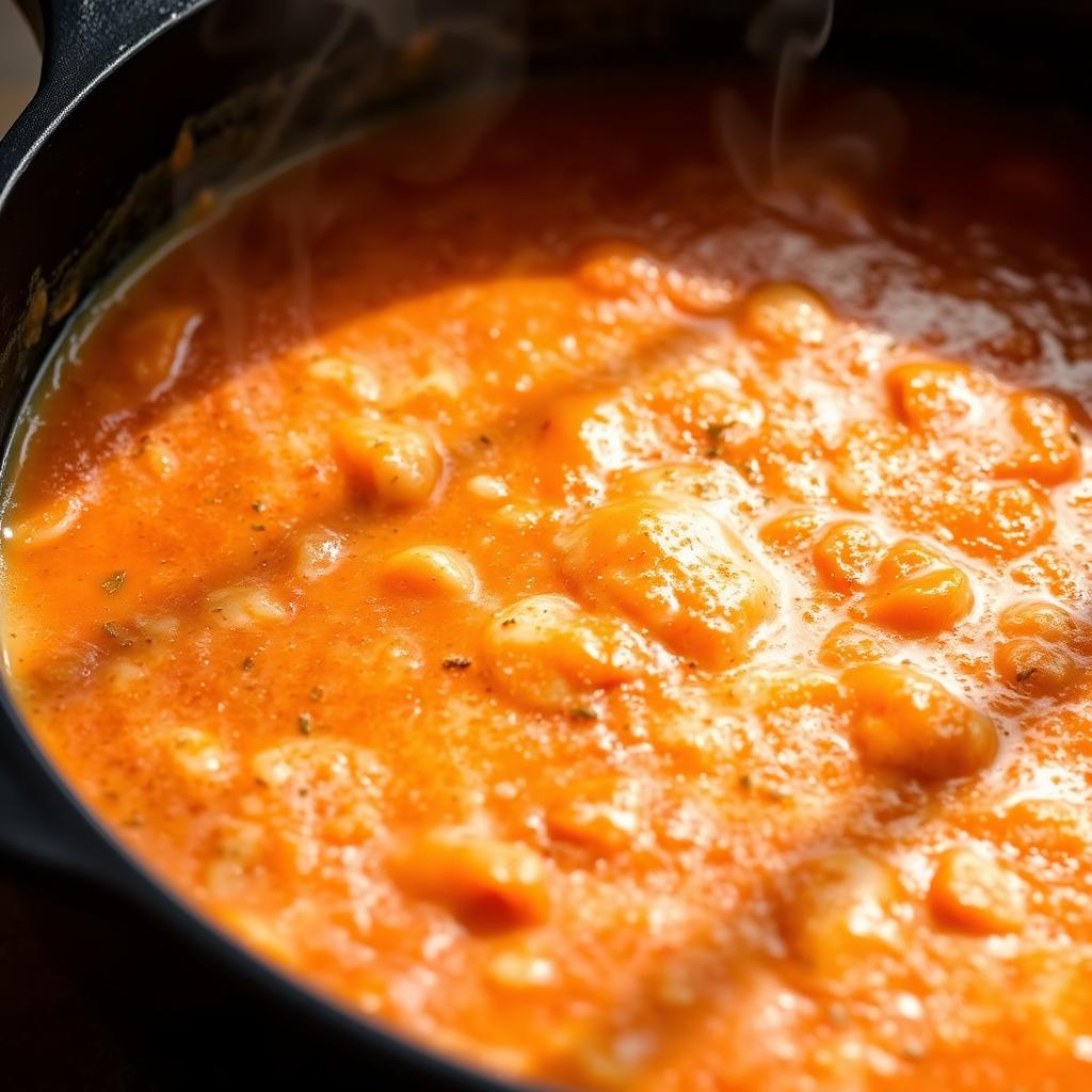A close-up shot of a thick, creamy chicken parmesan sauce, simmering in a cast-iron skillet. The sauce has a rich, glossy texture, with a vibrant orange-red hue from the tomatoes and a hint of aromatic herbs. Wisps of steam rise from the bubbling surface, creating a cozy, inviting atmosphere. The lighting is warm and natural, casting gentle shadows that accentuate the sauce's velvety smoothness. The skillet is placed on a rustic wooden surface, adding a touch of earthy elegance to the scene. This image evokes the comforting and delicious essence of the "Expert Tips for the Best Results" section in the "Marry Me Chicken Recipe: Simple & Delicious" article. A close-up shot of a thick, creamy chicken parmesan sauce, simmering in a cast-iron skillet. The sauce has a rich, glossy texture, with a vibrant orange-red hue from the tomatoes and a hint of aromatic herbs. Wisps of steam rise from the bubbling surface, creating a cozy, inviting atmosphere. The lighting is warm and natural, casting gentle shadows that accentuate the sauce's velvety smoothness. The skillet is placed on a rustic wooden surface, adding a touch of earthy elegance to the scene. This image evokes the comforting and delicious essence of the "Expert Tips for the Best Results" section in the "Marry Me Chicken Recipe: Simple & Delicious" article.
