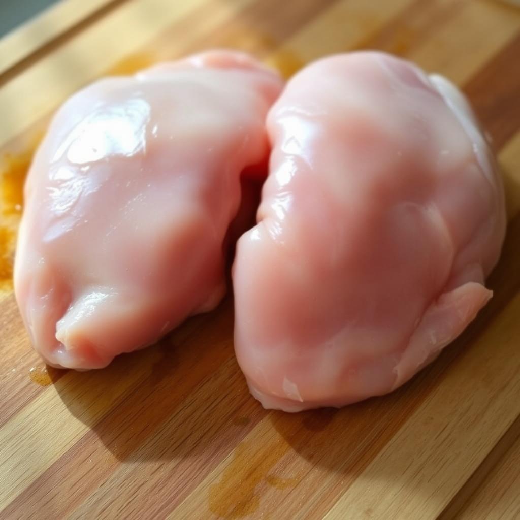 A close-up shot of two fresh, plump chicken breasts, their skin glistening with a light sheen. The breasts are nestled on a wooden cutting board, their soft, mottled pink hue contrasting against the warm, earthy tones of the wood. The image is bathed in soft, natural lighting, casting gentle shadows that accentuate the succulent texture of the meat. The camera angle is slightly elevated, giving a sense of prominence and importance to the subject, as if it were the star of the show. The overall mood is one of culinary anticipation, inviting the viewer to imagine the delicious possibilities that lie ahead. A close-up shot of two fresh, plump chicken breasts, their skin glistening with a light sheen. The breasts are nestled on a wooden cutting board, their soft, mottled pink hue contrasting against the warm, earthy tones of the wood. The image is bathed in soft, natural lighting, casting gentle shadows that accentuate the succulent texture of the meat. The camera angle is slightly elevated, giving a sense of prominence and importance to the subject, as if it were the star of the show. The overall mood is one of culinary anticipation, inviting the viewer to imagine the delicious possibilities that lie ahead.